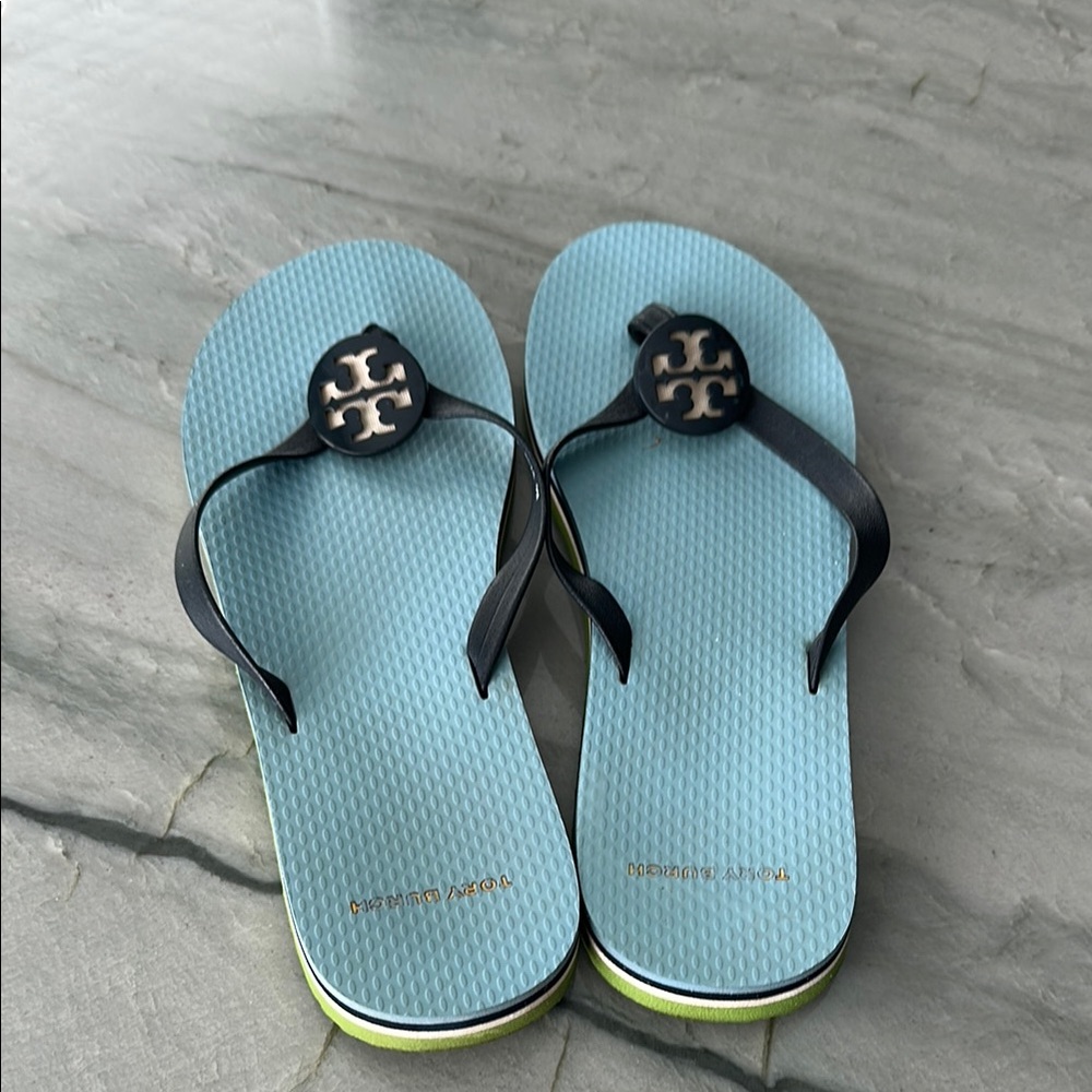 Tory Burch Light Blue and Navy Flip Flops